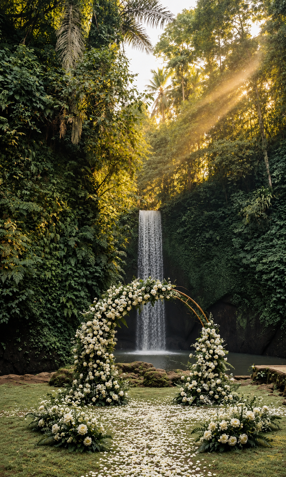 Cerimônia junto à cachoeira em Bali