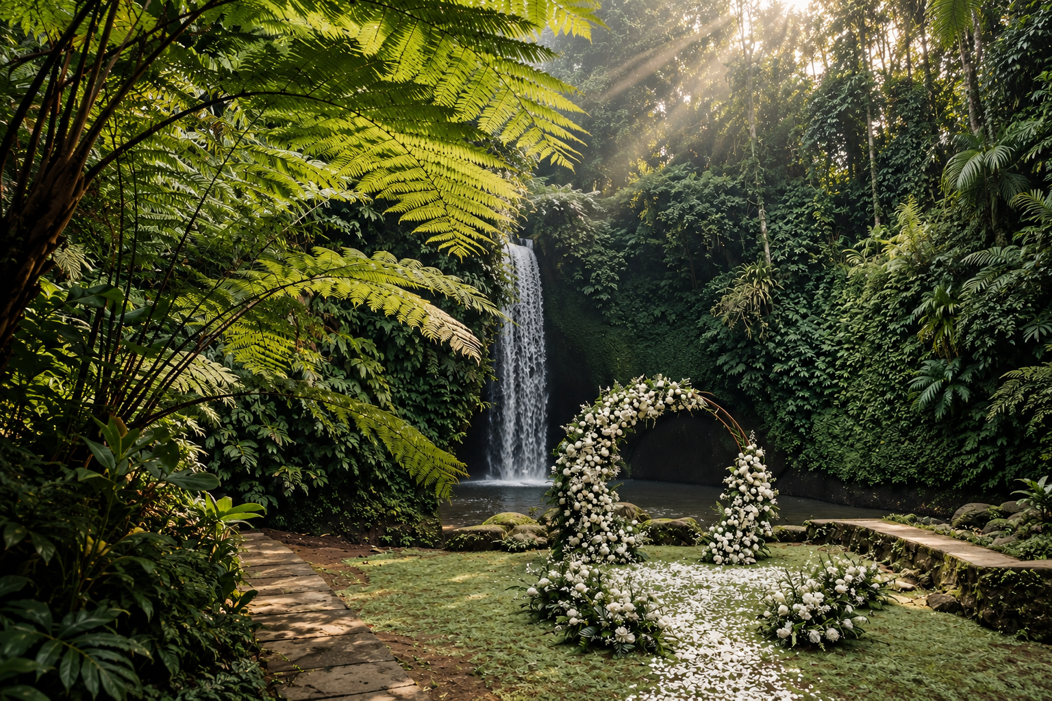 Cerimônia civil junto à cachoeira em Bali